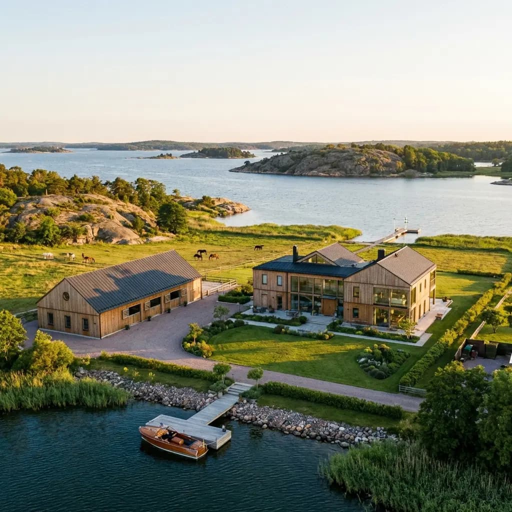Modern hästgård i trä vid vattnet med stall, hage och brygga i kvällsljus.